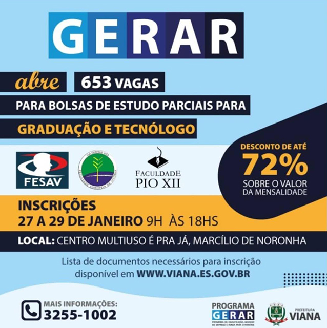 Programa Gerar abre 653 bolsas de estudos para cursos de nível superior e técnico